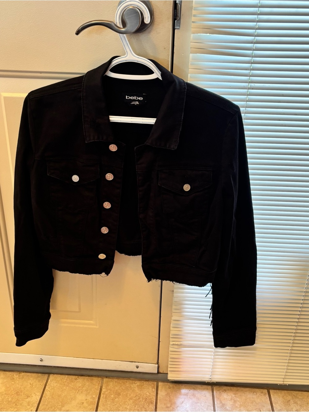 bebe Black Cropped Denim Fringe Jacket